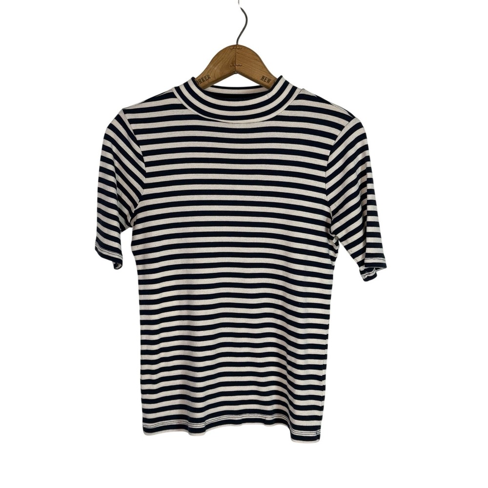 Madewell Sz Small White & Blue Striped Mock Neck Ribbed 3/4 Sleeve Top